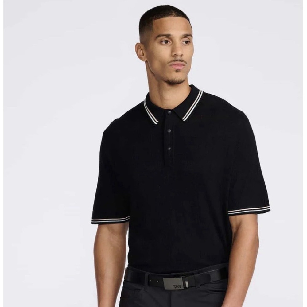 PXG Parsons Xtreme Golf Large Multi Logo Jacquard Black Knit Polo